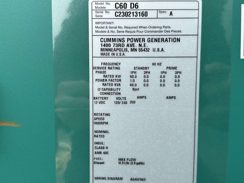 New Cummins C60D6 Diesel Generator, EPA Tier 3 - Single Phase