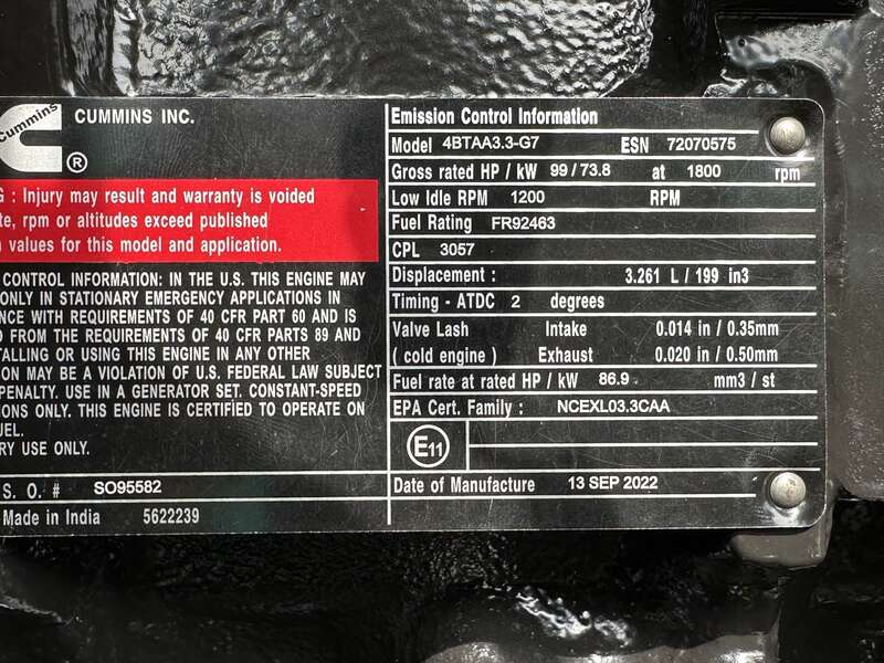 New Cummins C60D6 Diesel Generator, EPA Tier 3 - Single Phase