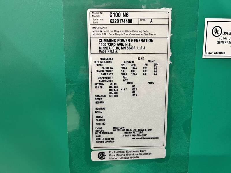 New Cummins C100N6 QSJ8.9G Natural Gas / Propane Generator, EPA Certified 1 or 3 Phase