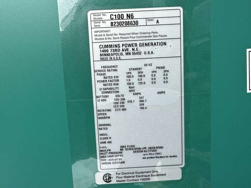 New Cummins C100N6 QSJ8.9G Natural Gas / Propane Generator, EPA Certified