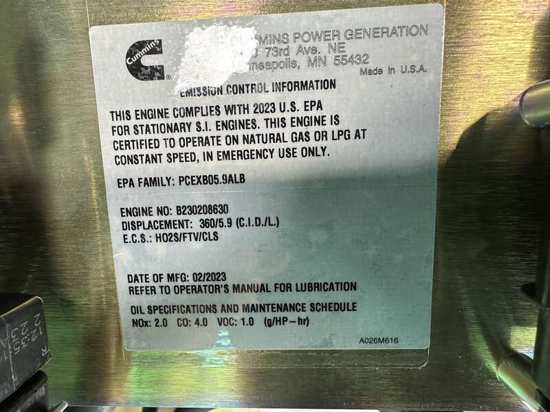 New Cummins C100N6 QSJ8.9G Natural Gas / Propane Generator, EPA Certified