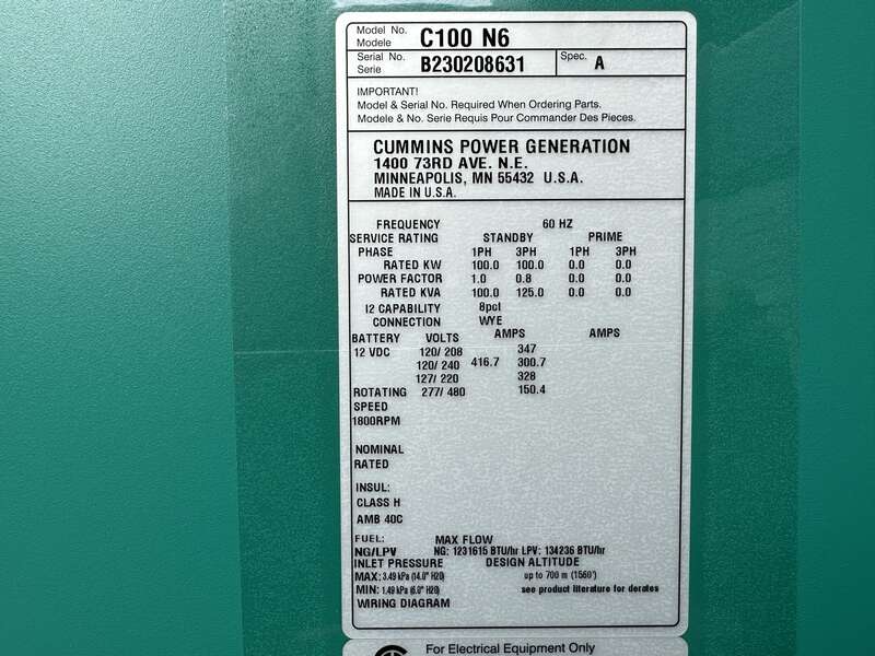 New Cummins C100N6 QSJ8.9G Natural Gas / Propane Generator, EPA Certified