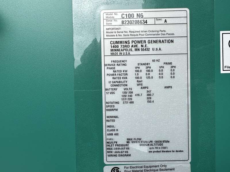 New Cummins C100N6 QSJ8.9G Natural Gas / Propane Generator, EPA Certified