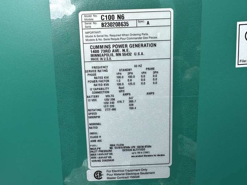 New Cummins C100N6 QSJ8.9G Natural Gas / Propane Generator, EPA Certified
