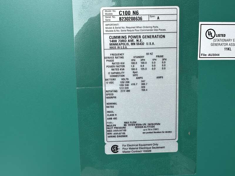 New Cummins C100N6 QSJ8.9G Natural Gas / Propane Generator, EPA Certified