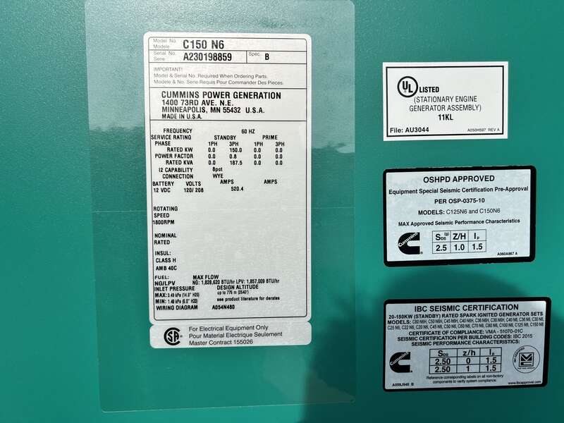 New Cummins C150N6 QSJ8.9G Natural Gas / Propane Generator, EPA Certified