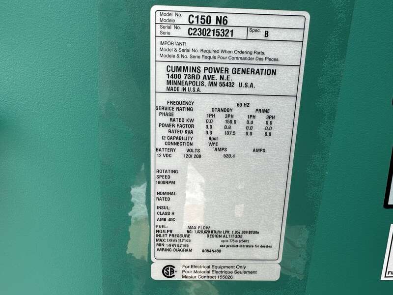 New Cummins C150N6 QSJ8.9G Natural Gas / Propane Generator, EPA Certified