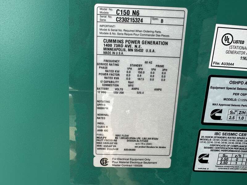 New Cummins C150N6 QSJ8.9G Natural Gas / Propane Generator, EPA Certified