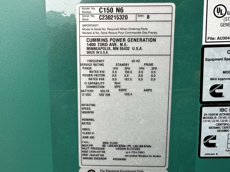 New Cummins C150N6 QSJ8.9G Natural Gas / Propane Generator, EPA Certified