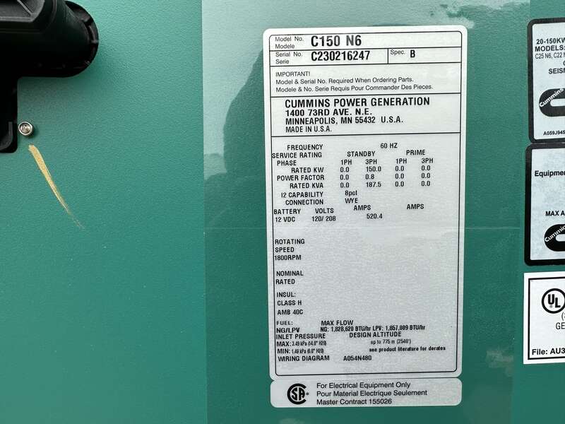 New Cummins C150N6 QSJ8.9G Natural Gas / Propane Generator, EPA Certified