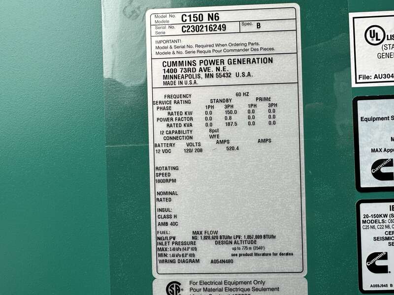 New Cummins C150N6 QSJ8.9G Natural Gas / Propane Generator, EPA Certified