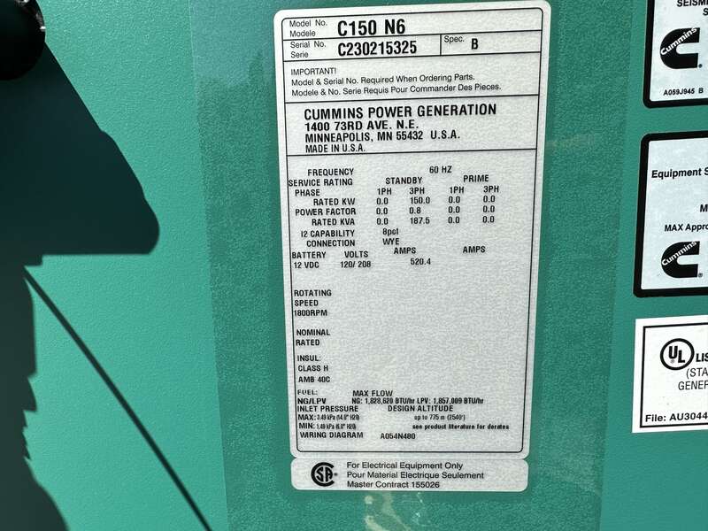 New Cummins C150N6 QSJ8.9G Natural Gas / Propane Generator, EPA Certified