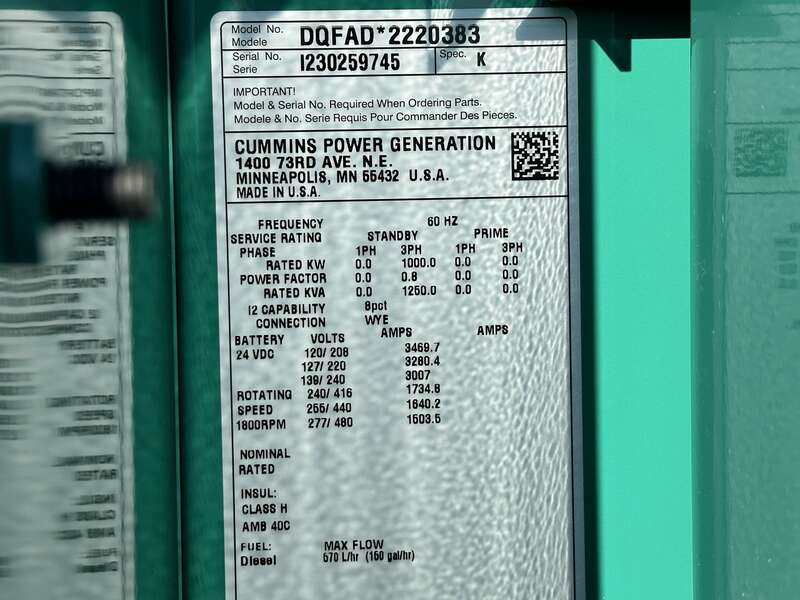 New Cummins DQFAD QST30-G5 NR2 Diesel Generator, EPA Tier 2