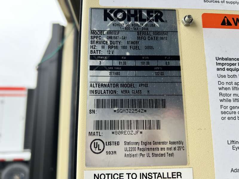 Used Kohler 80REOZJF John Deere Diesel Generator, 230 Hrs, EPA Tier 3
