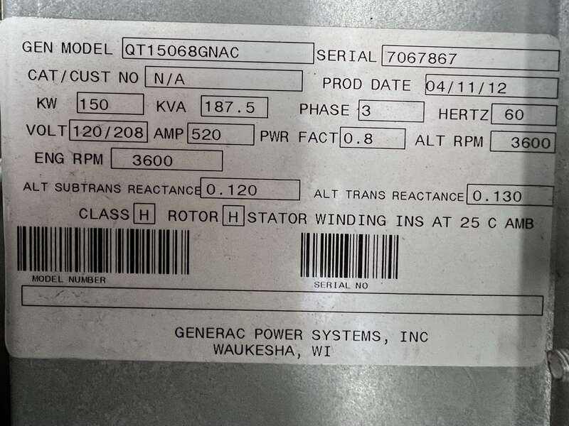 Used Generac QT150 Natural Gas / Propane Generator, 116 Hrs, EPA Certified