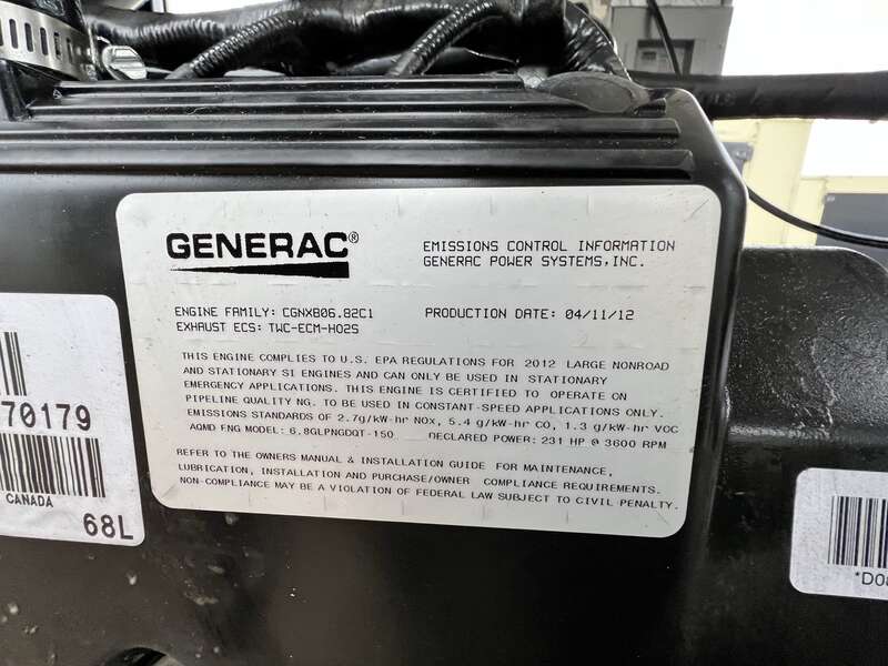 Used Generac QT150 Natural Gas / Propane Generator, 116 Hrs, EPA Certified