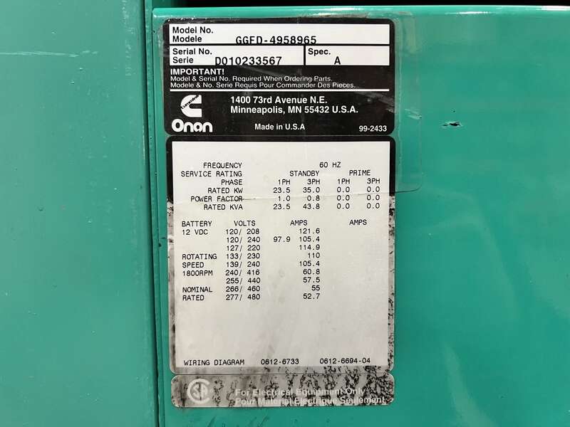 Used Cummins GGFD Natural Gas / Propane Generator, 375 Hrs