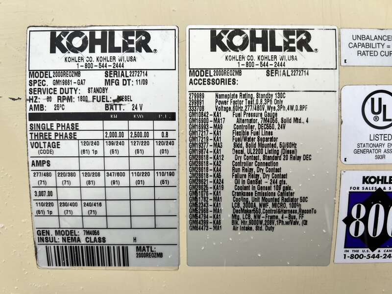 Used Kohler 2000REOZMB Diesel Generator, 1182 Hrs, EPA Tier 2