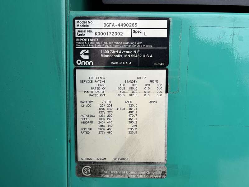Used Cummins DGFA Diesel Generator, 481 Hrs
