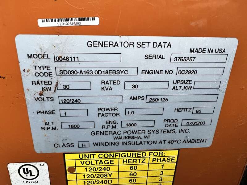 Used Generac SD030 Diesel Generator, 182 Hrs