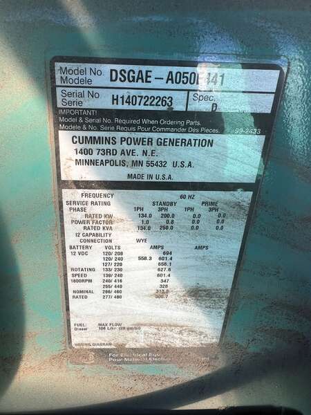 Used Cummins DSGAE QSB7-G5 NR3 Diesel Generator, 36 Hrs EPA Tier 3