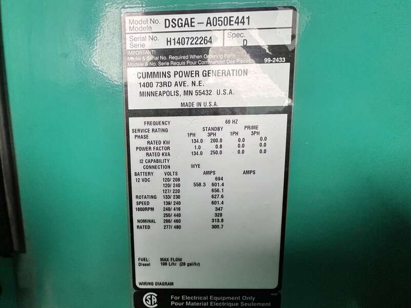 Used Cummins DSGAE QSB7-G5 NR3 Diesel Generator, 43 Hrs EPA Tier 3