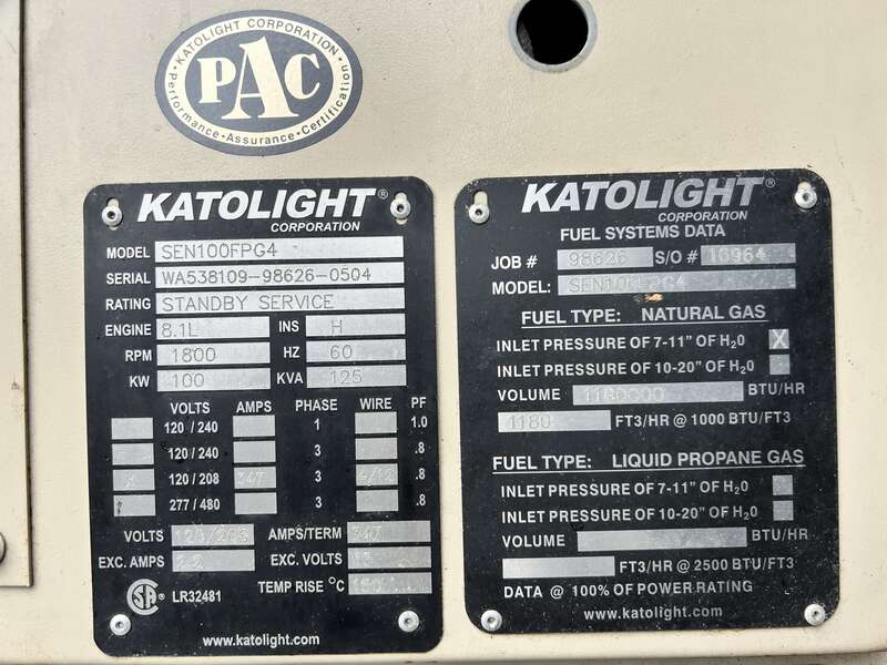 Used Katolight N100FPG4 Natural Gas / Propane Generator, 367 Hrs