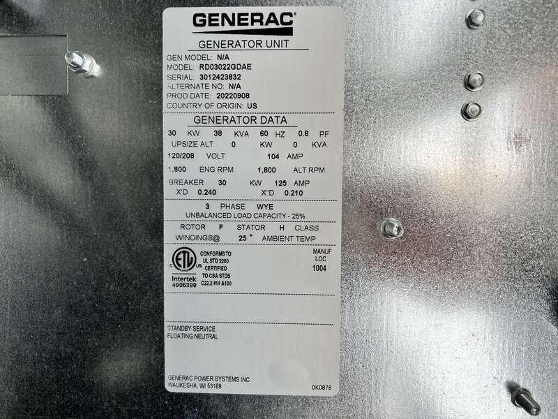 New Generac RD030 Diesel Generator 0 Hrs, EPA Tier 3