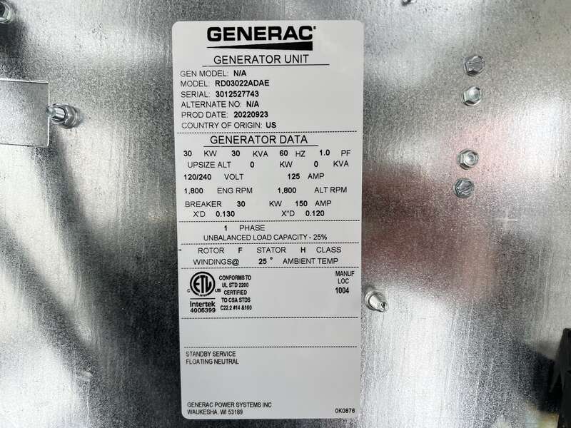 New Generac RD030 Diesel Generator 0 Hrs, EPA Tier 3 - Single Phase