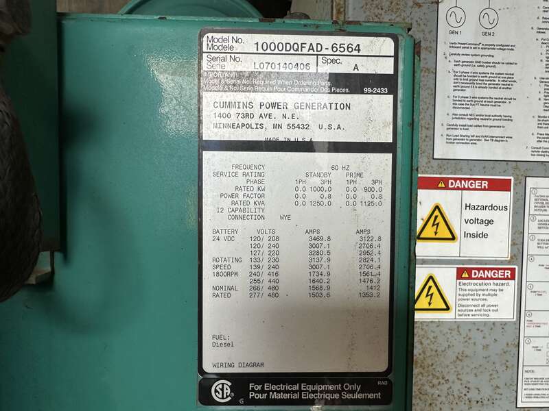 Used Cummins DQFAD Diesel Generator 5138 Hrs, EPA Tier 2