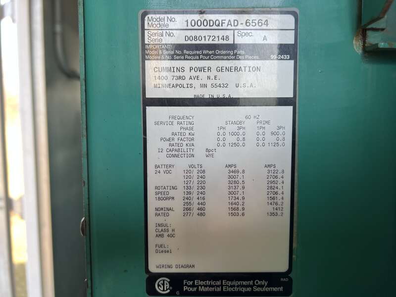 Used Cummins DQFAD Diesel Generator 6656 Hrs, EPA Tier 2
