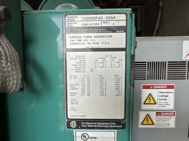 Used Cummins DQFAD Diesel Generator 8650 Hrs, EPA Tier 2