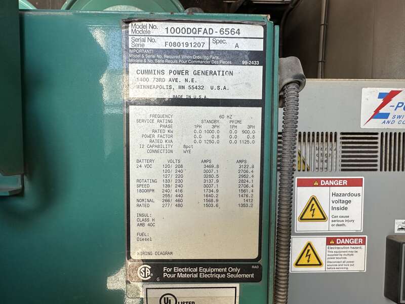 Used Cummins DQFAD Diesel Generator 7858 Hrs, EPA Tier 2