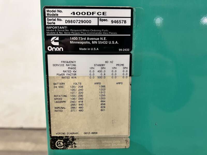 Used Cummins DFCE NTA855-G5 Diesel Generator, 592 Hrs