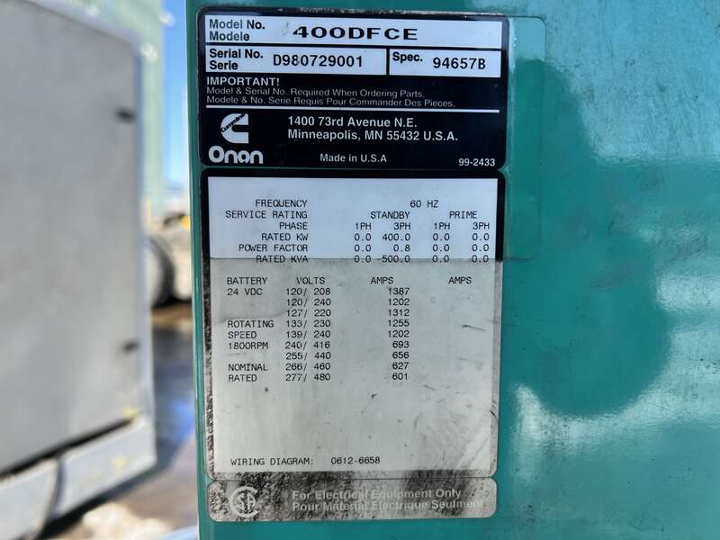 Used Cummins DFCE NTA855-G5 Diesel Generator, 701 Hrs