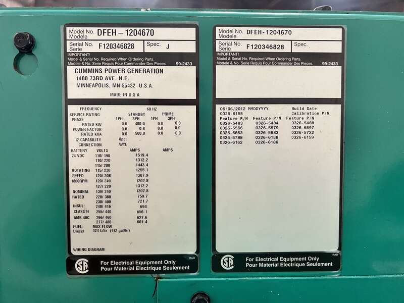 Used Cummins DFEH QSX15-G9 NR2 Diesel Generator 544 Hrs EPA Tier 2