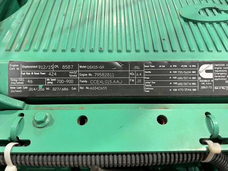 Used Cummins DFEH QSX15-G9 NR2 Diesel Generator 544 Hrs EPA Tier 2