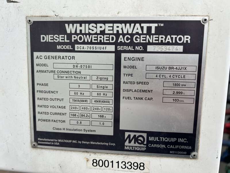 Used Multiquip DCA-70SSIU4F Rental Grade Diesel Generator, 9659 Hrs, EPA Tier 4F