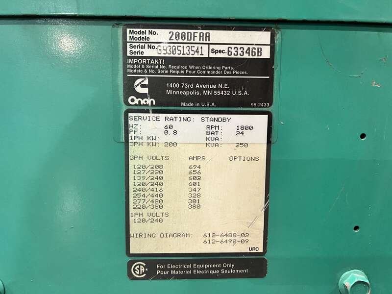 Used Cummins DFAA LTA10-G1 Diesel Generator, 590 Hrs