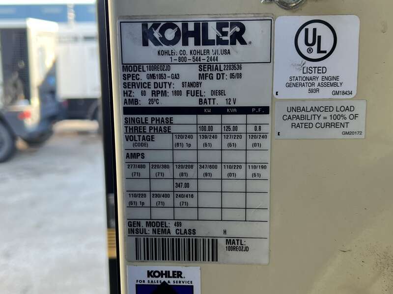 Used Kohler 100REOZJD Diesel Generator, 520 Hrs, EPA Tier 3
