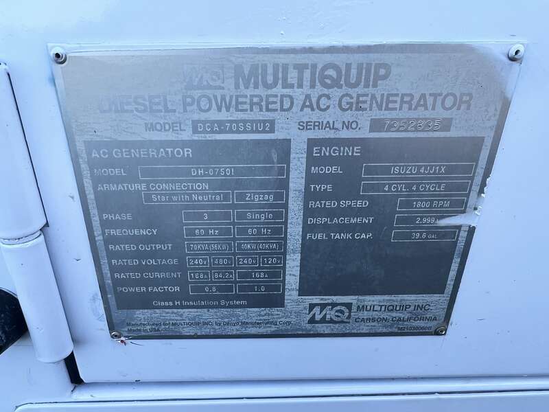 Used Multiquip DCA-70SSIU4F Rental Grade Diesel Generator | 6871 Hrs ...