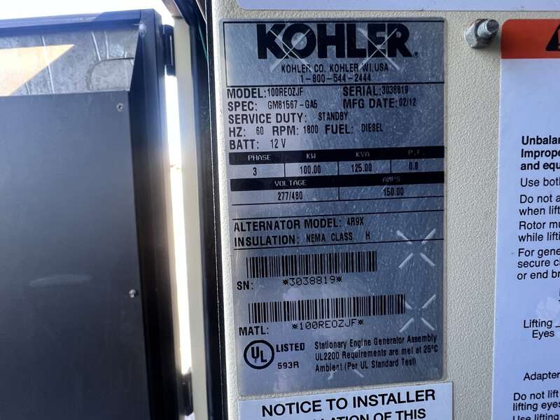 Used Kohler 100REOZJF Diesel Generator, 309 Hrs, EPA Tier 3