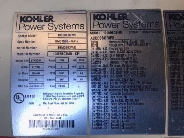 Used Kohler 1000REOZMD Diesel Generator, 202 Hrs, EPA Tier 2