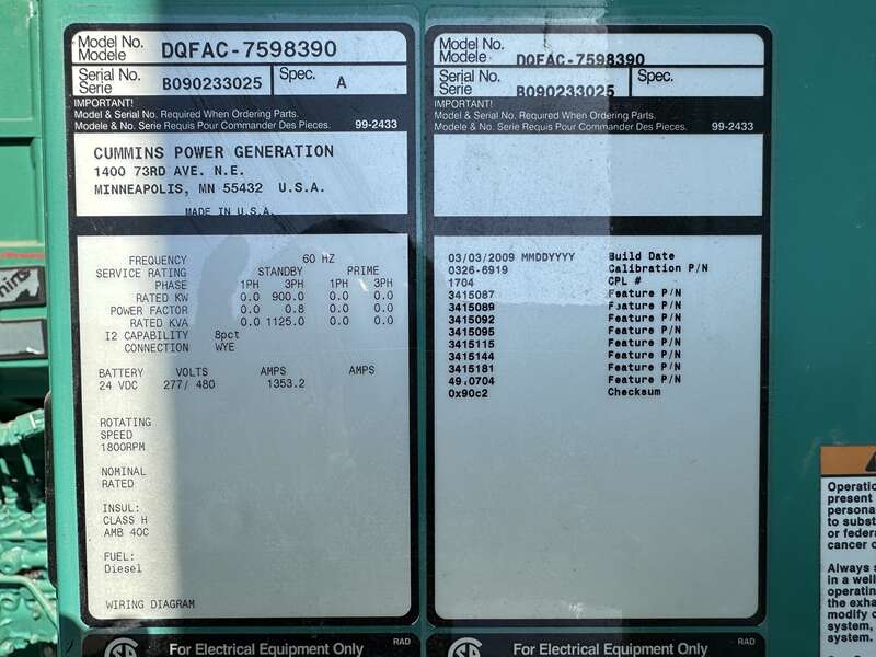 Used Cummins DQFAC QST30-G5 NR2 Diesel Generator, 94 Hrs, EPA Tier 2