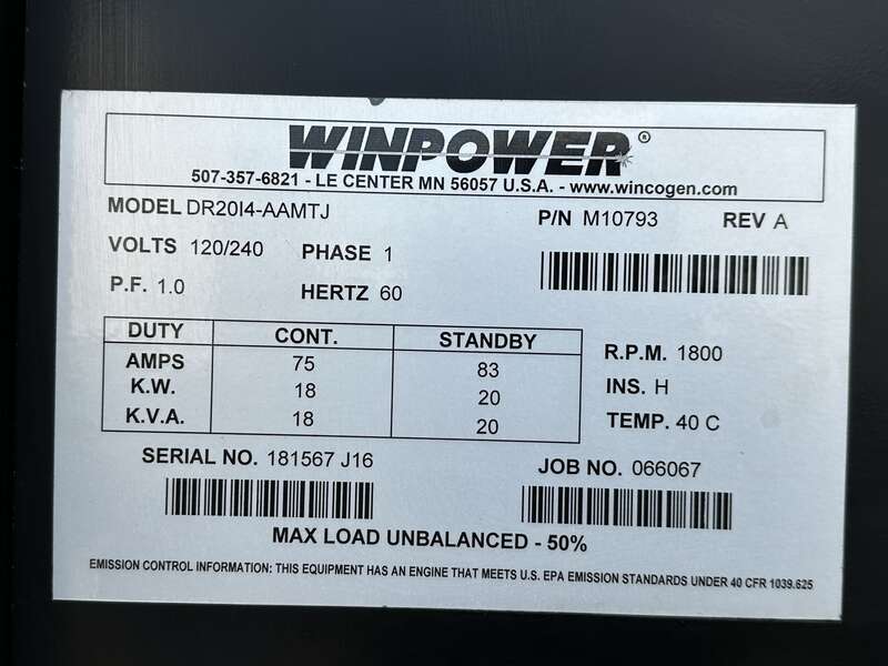 Used Winpower DR20 Isuzu BV-4LE1 Rental Grade Diesel Generator 6402 Hrs EPA Tier 3