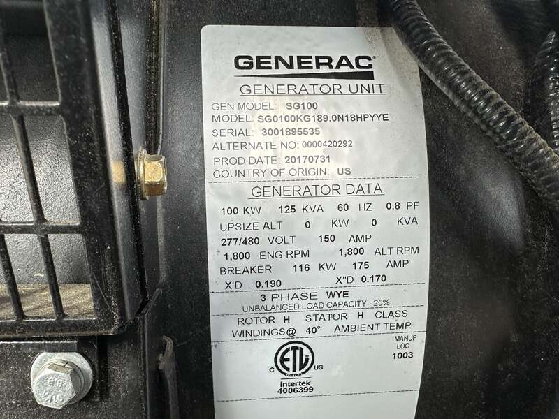 Used Generac SG0100 Natural Gas / Propane Generator 94 Hrs EPA Certified