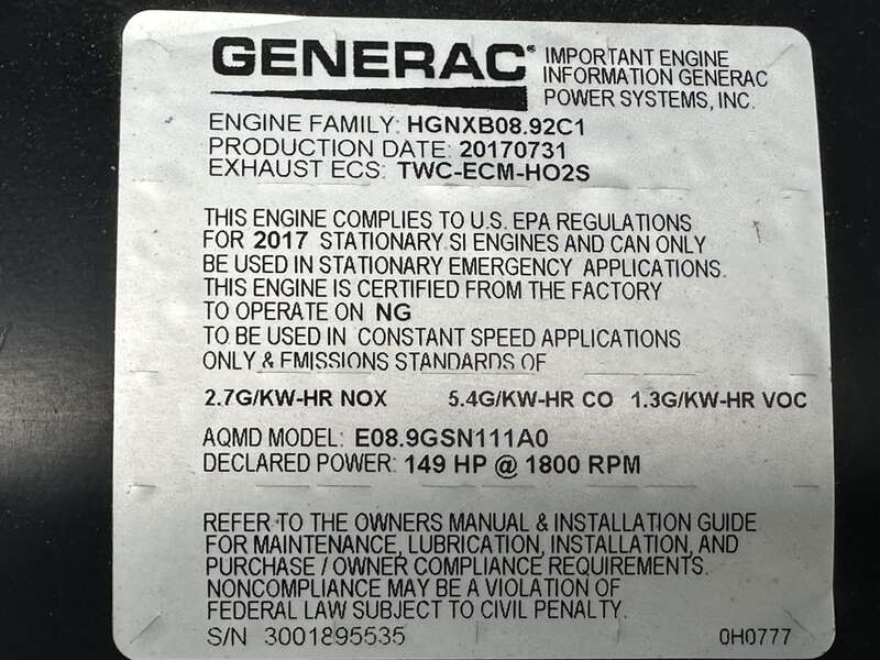 Used Generac SG0100 Natural Gas / Propane Generator 94 Hrs EPA Certified