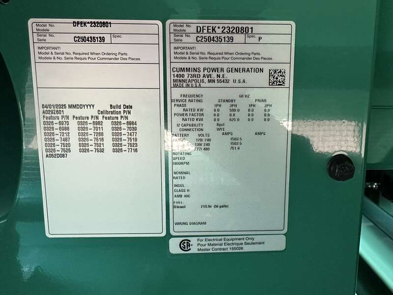 New Cummins DFEK QSX15-G9 Diesel Generator EPA Tier 2