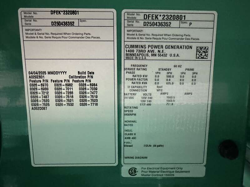 New Cummins DFEK QSX15-G9 Diesel Generator EPA Tier 2
