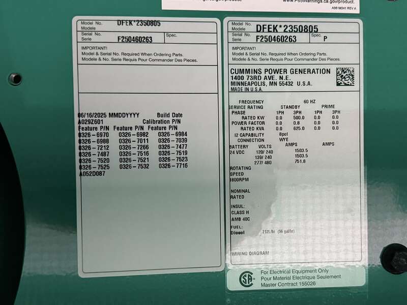 New Cummins DFEK QSX15-G9 Diesel Generator EPA Tier 2